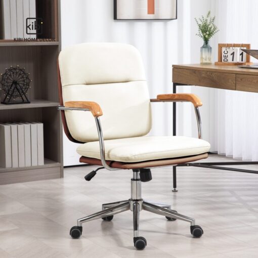 Ghế làm việc xoay da cao cấp tay gỗ thiết kế chần lưng - Hình ảnh 2