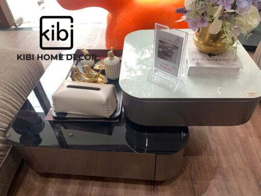 Bàn trà xoay đôi thông minh gỗ mặt kính KB07 - Hình ảnh 2